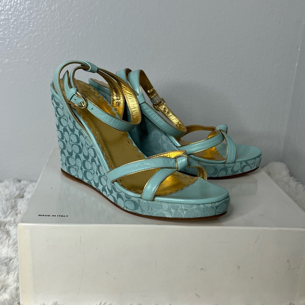 Coach Blue Wedge Sandals with Crisscross Straps